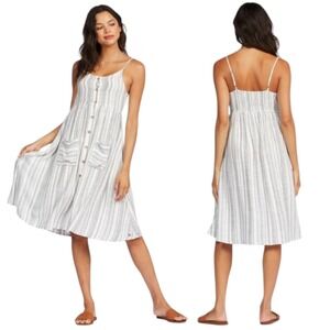 Roxy Striped Midi‎ Dress Small Blue White Pockets Coastal Tank Sundress Beachy
